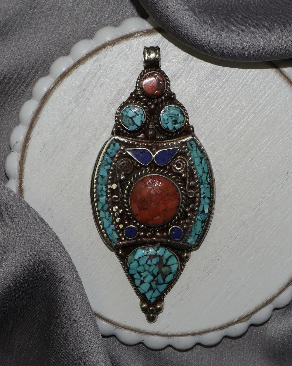 Vintage Tibetan Mosaic Sterling Silver Inaly Pendant 31.9G / 3.5in